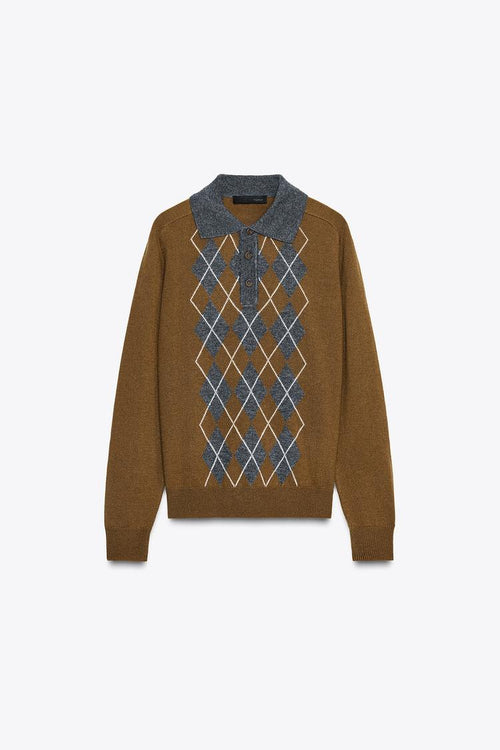 DIAMOND KNIT POLO SWEATER